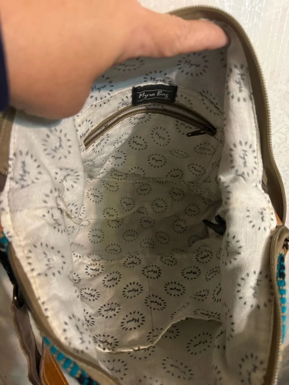 Myra Bag Turquoise Patterned Shoulder Bag with Gray Fur Pocket 14 in x 12 in